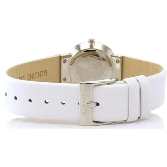 A white leather watch strap with a silver buckle