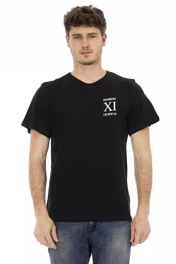 Black t-shirt with white lettering on front