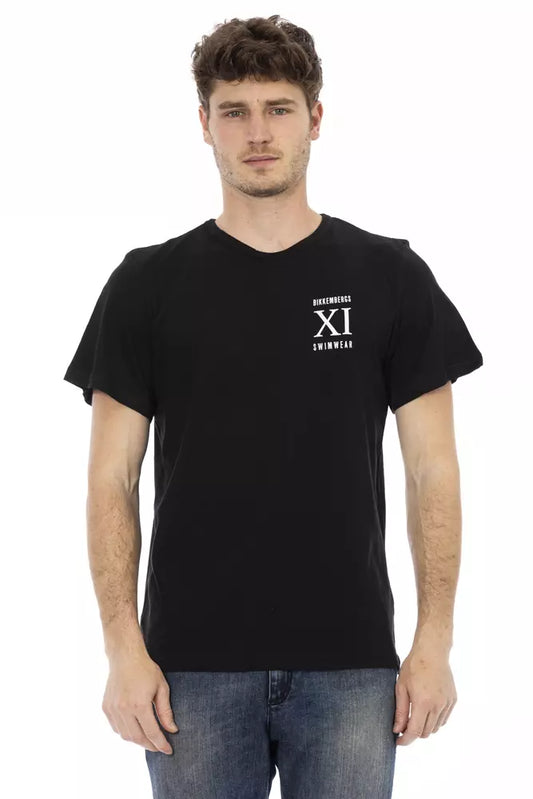 Black t-shirt with white lettering on front