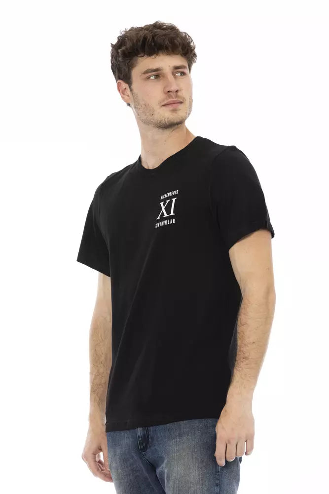 Man wearing black t-shirt with white logo on front