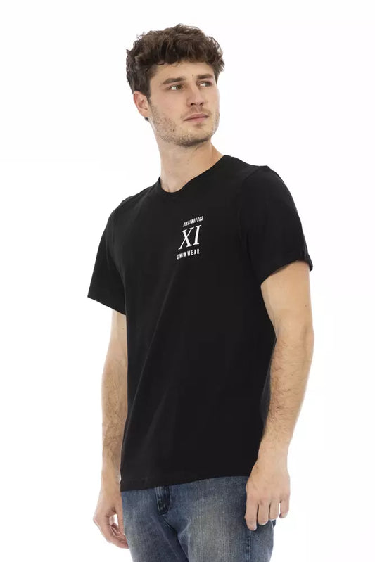 Man wearing black t-shirt with white logo on front