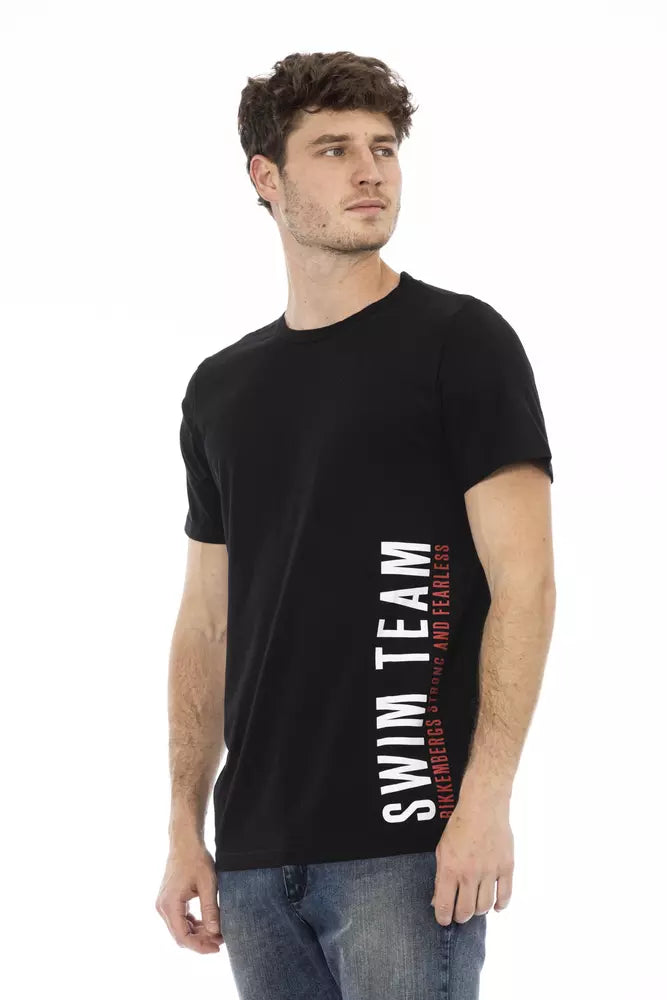Black cotton men's t-shirt with white text and graphic design on front