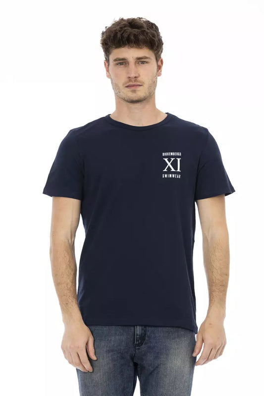 Man wearing dark blue t-shirt with white logo on front