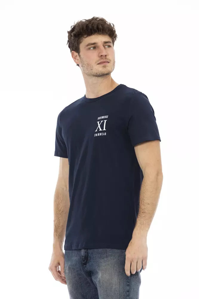 Man wearing dark blue t-shirt with white logo on front