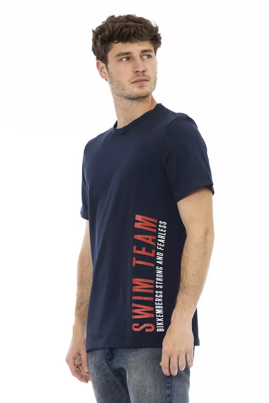 A mannequin wearing a blue cotton t-shirt with red text that reads "SWIMMING TEAM"
