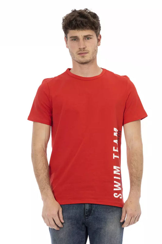 Man wearing red t-shirt with white lettering