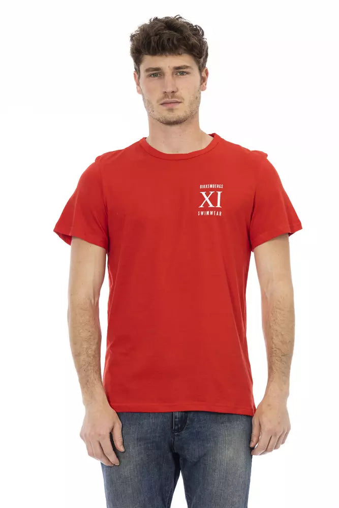 Red t-shirt with white lettering on front
