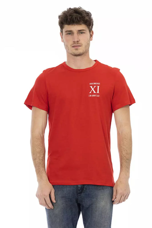 Red t-shirt with white lettering on front
