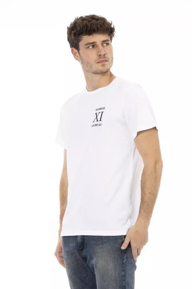 Man wearing white t-shirt with black logo