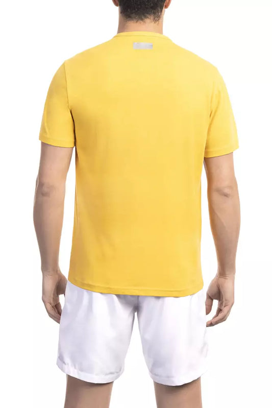 A yellow cotton men's t-shirt with short sleeves and a crew neckline