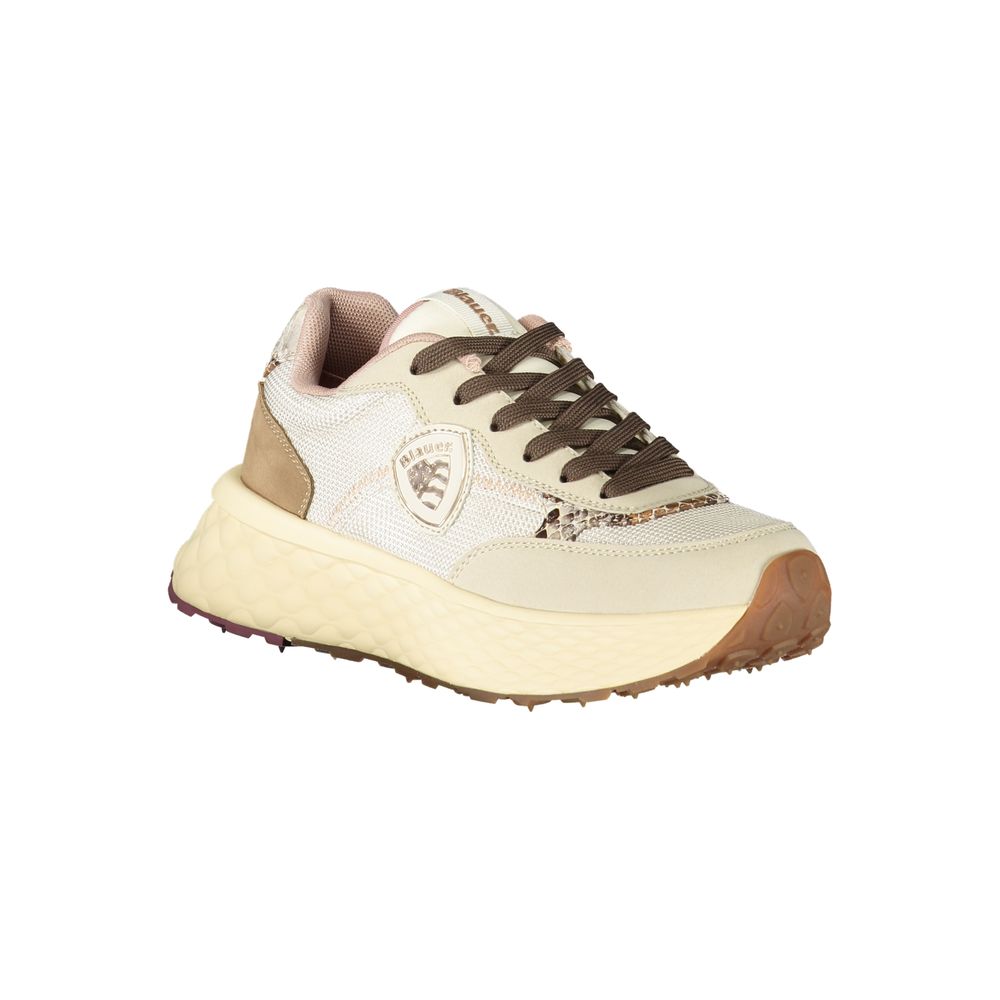 Tan women's sneaker with laces, textured sole, and embossed logo on side