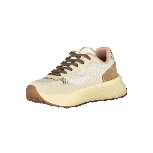A beige leather women's sneaker with a lace-up front, featuring a textured sole and a small heel