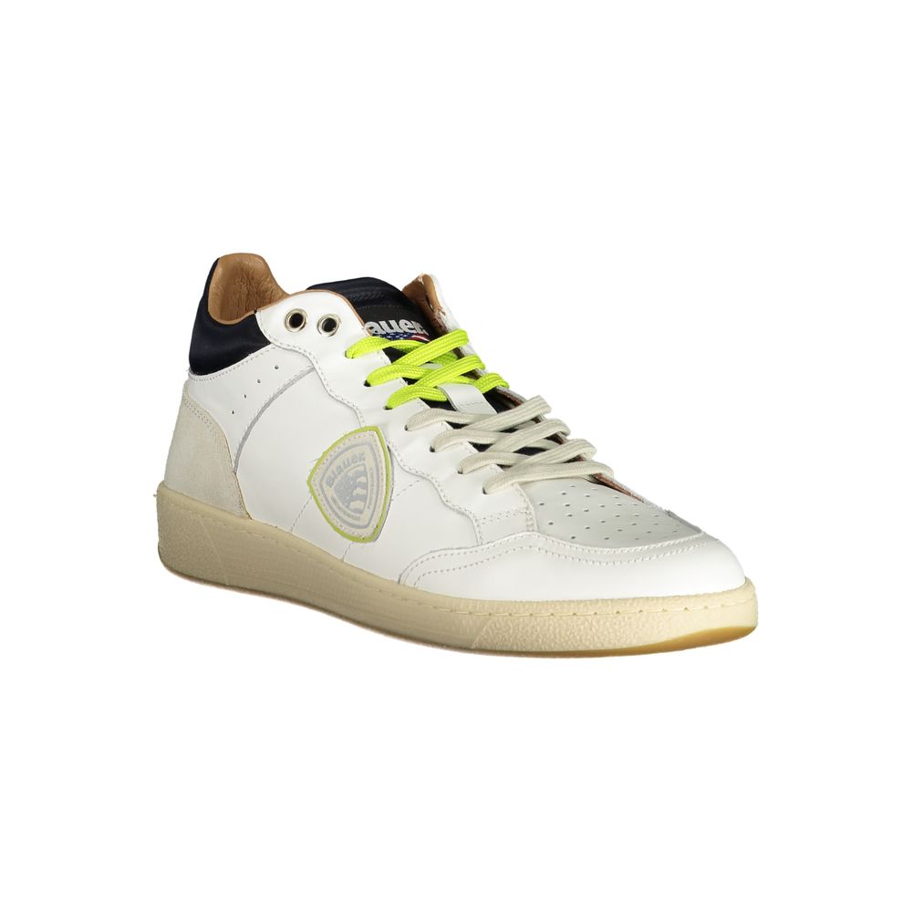 White leather men's sneaker with yellow laces, tan sole, and logo on side
