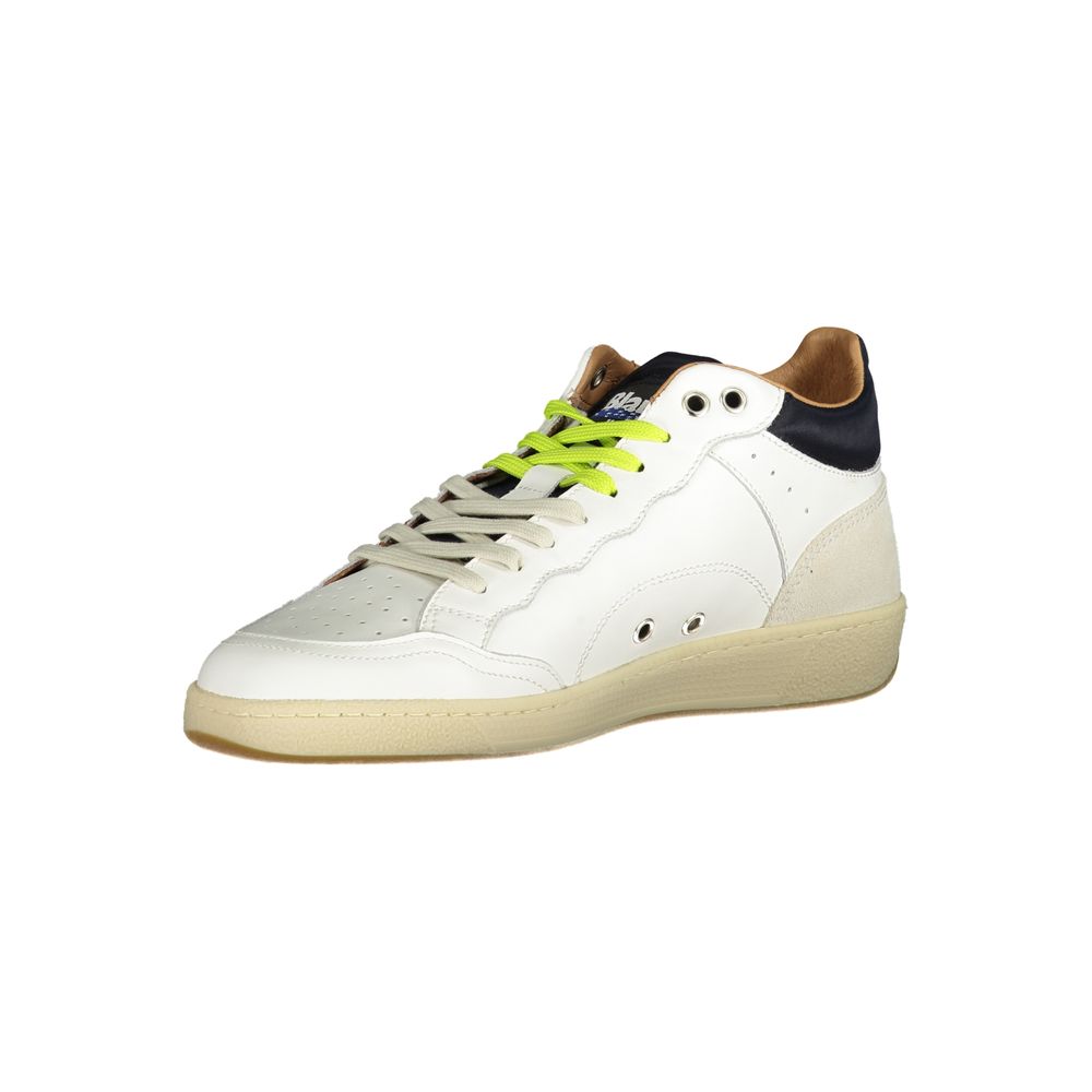 White leather men's sneaker with blue accents, laces, and sole