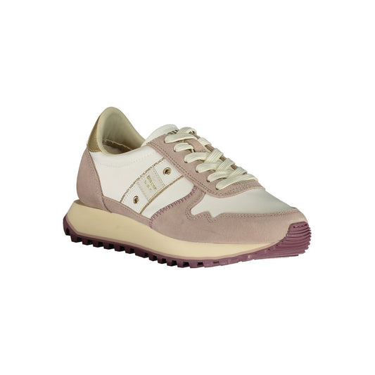 Pink and white women's sneakers with laces, featuring a low top and a rubber sole