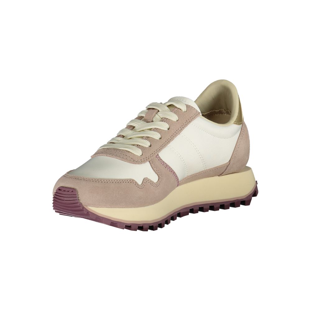 Pink and white women's sneakers with laces, rubber sole, and textured upper