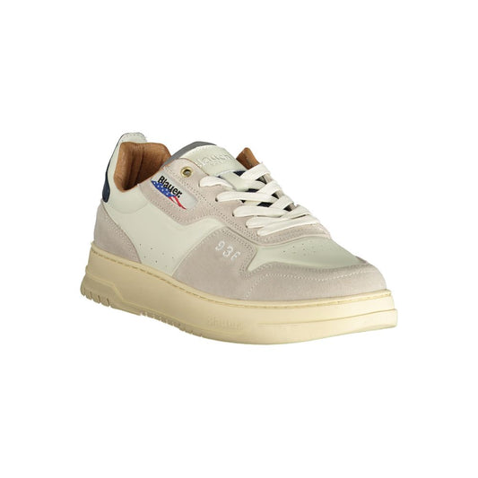 A tan men's sneaker with a white sole, featuring a logo on the side and laces