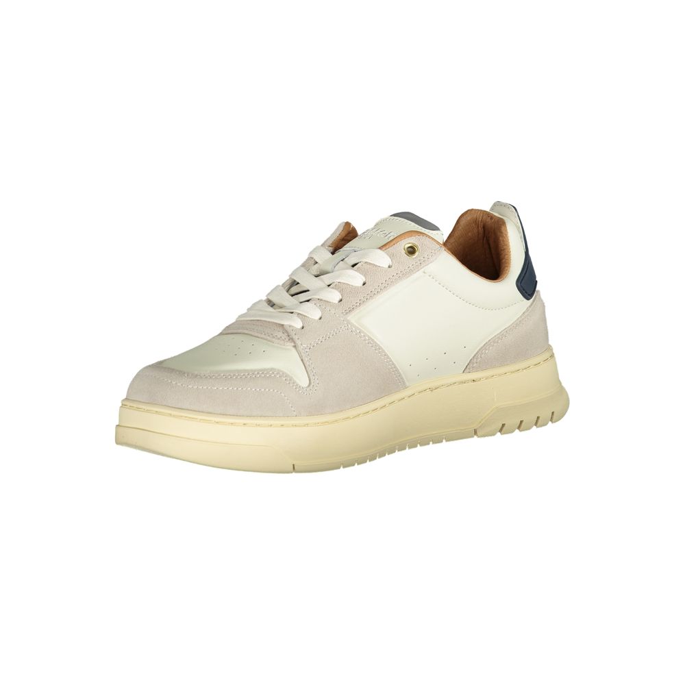 A men's sneaker with a white upper, tan sole, and blue laces