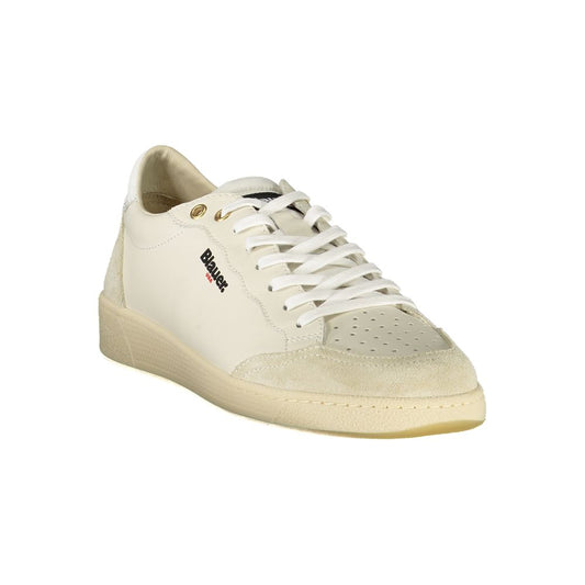 White sneaker with tan sole. Lace-up design with brand logo on side
