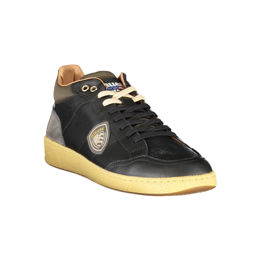 Black leather men's sneaker with yellow sole