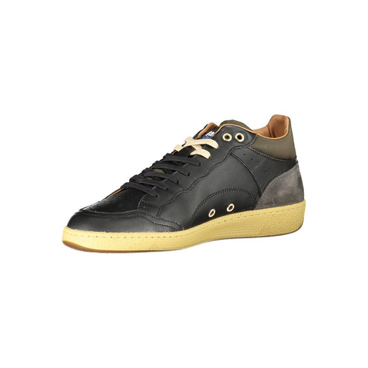 A black leather men's sneaker with white laces, gold sole, and a small logo on the side