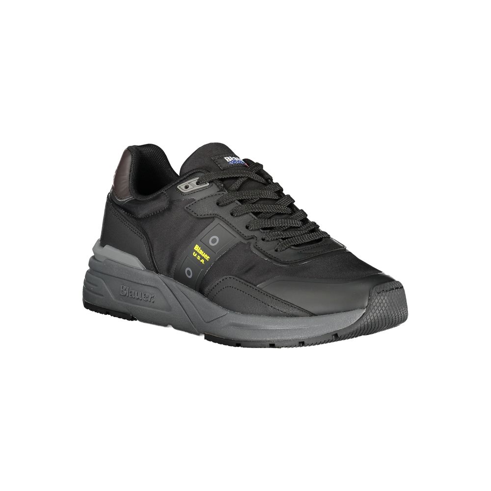 A black polyurethane men's sneaker with yellow accents, featuring a lace-up closure and a rubber sole