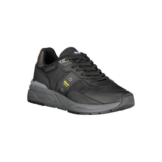 A black polyurethane men's sneaker with yellow accents, featuring a lace-up closure and a rubber sole
