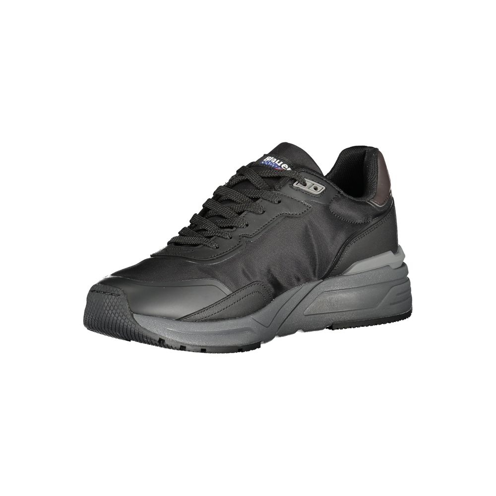 A black polyurethane men's sneaker with a white sole