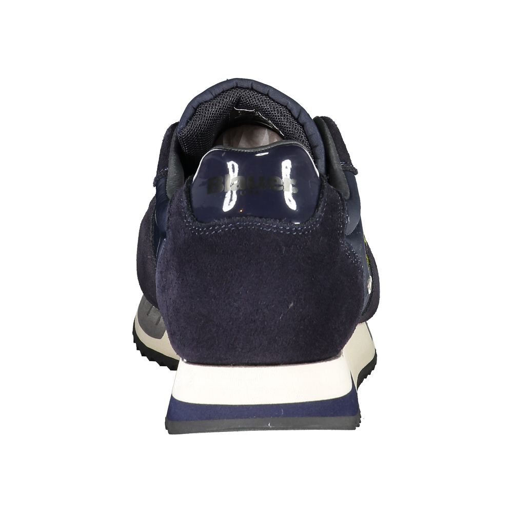 A blue polyester sneaker with white sole