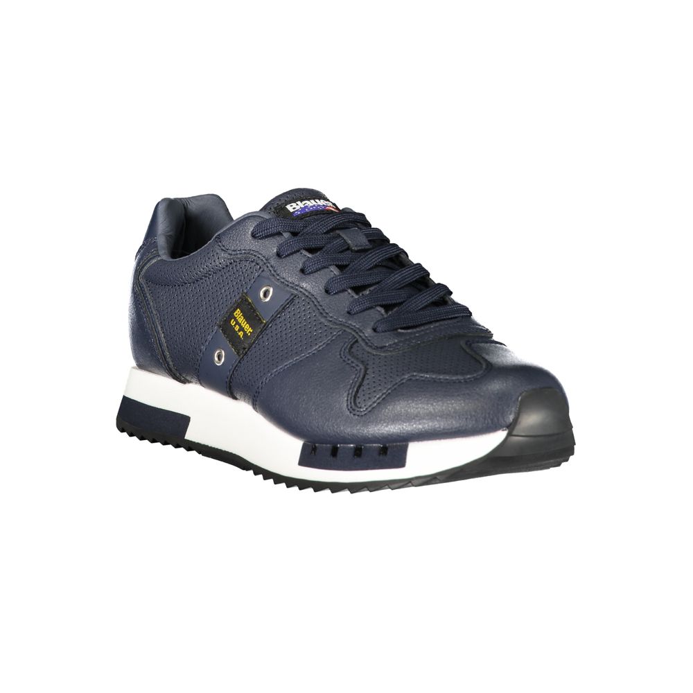 Navy blue men's sneaker with white sole, laces, and logo