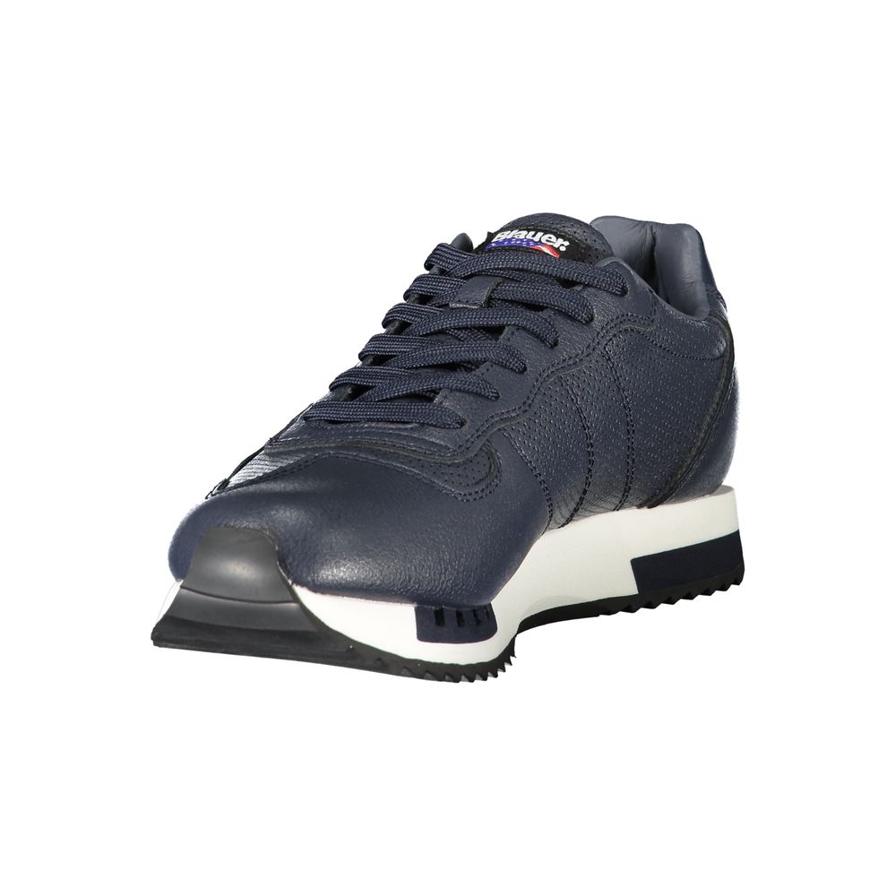 Navy blue polyurethane men's sneaker with white sole, laces and logo