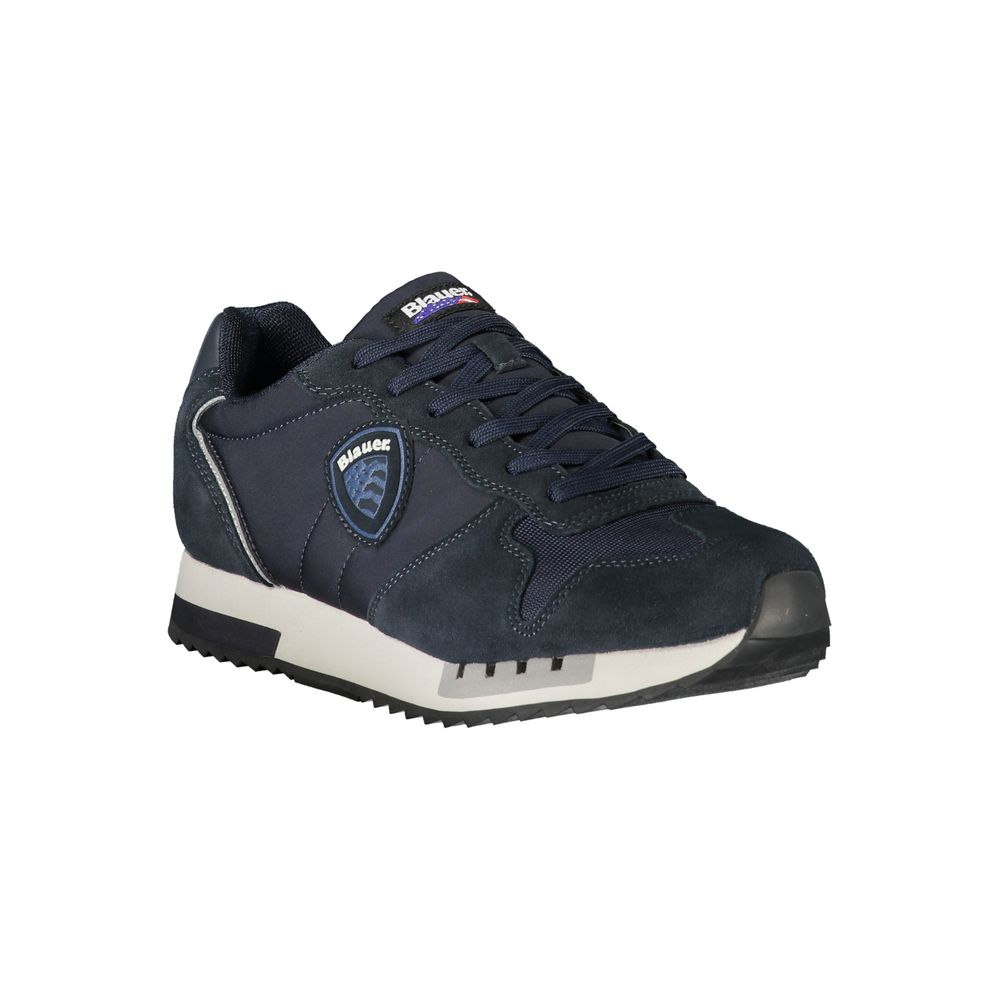 Navy blue men's sneaker with white sole, laces, and logo