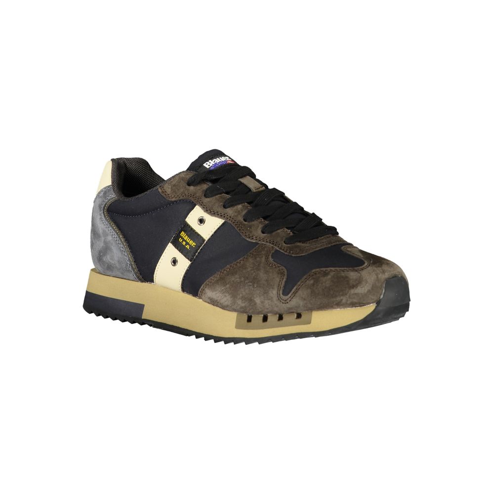 Brown and blue men's sneakers with white sole