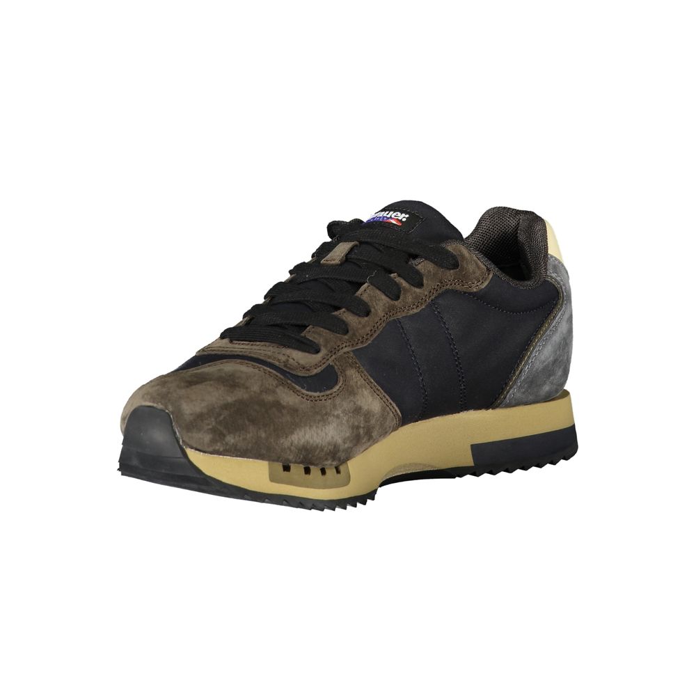 Brown and blue men's sneaker with white sole