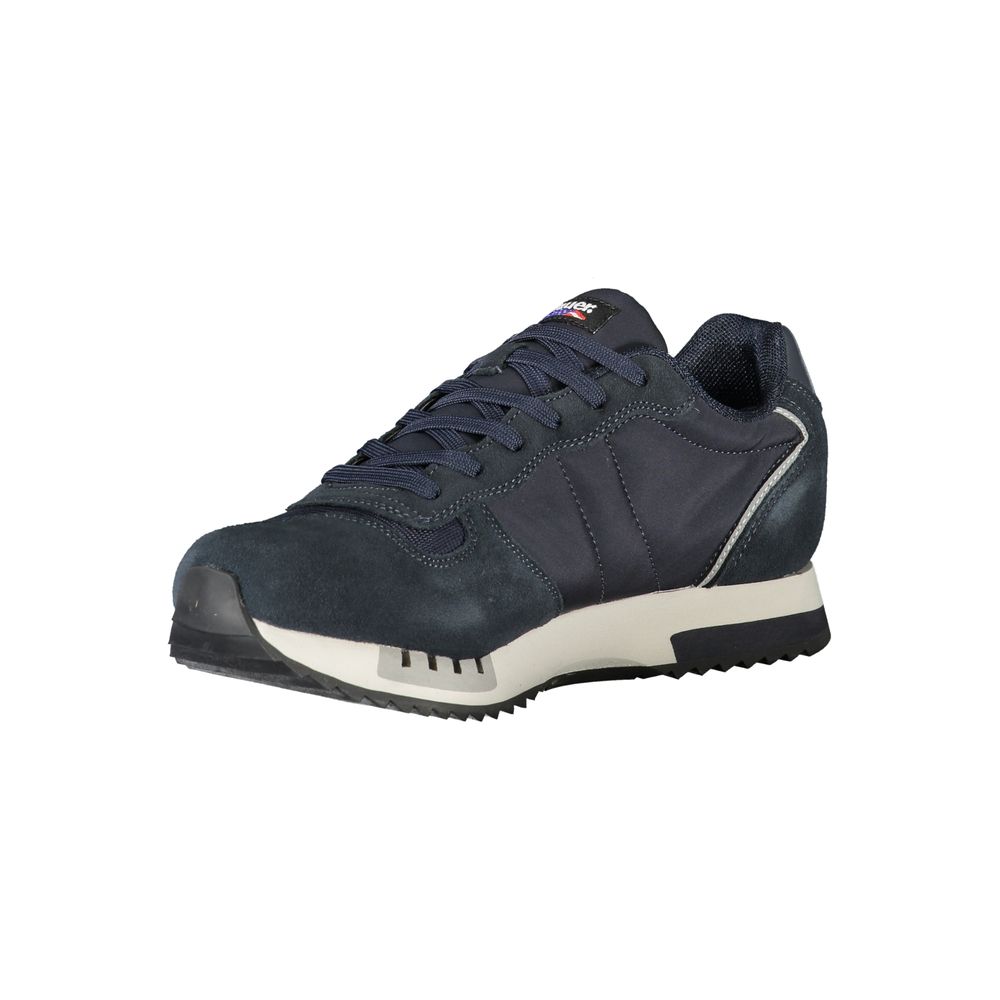 Navy blue men's sneaker with white sole, laces, and logo