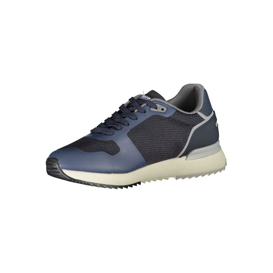 Navy blue sneakers with contrast detailing, lace-up closure, and white sole