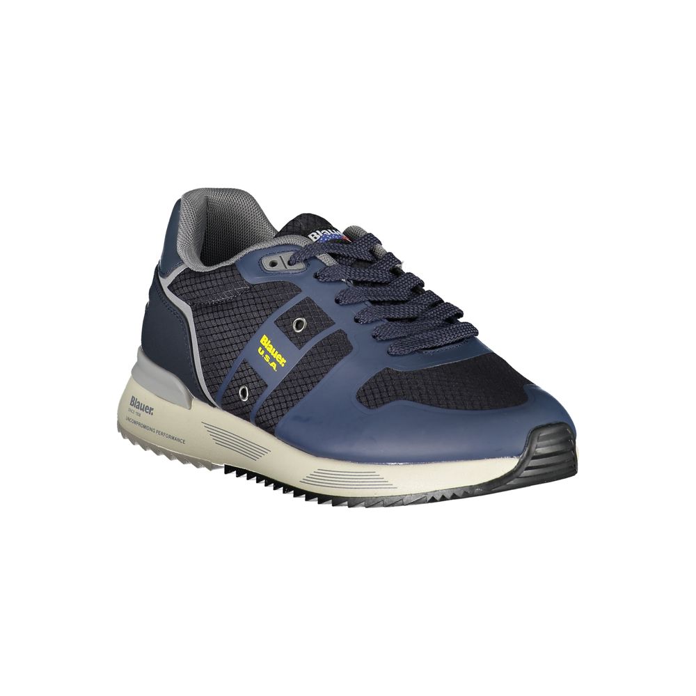 Navy blue sneakers with contrast detailing, white sole, laces and logo