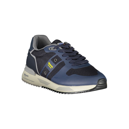 Navy blue sneakers with contrast detailing, white sole, laces and logo