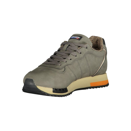 A gray men's sneaker with white sole, laces, and brand logo on the side