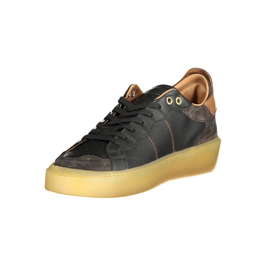 Black leather sneaker with gold laces and yellow sole