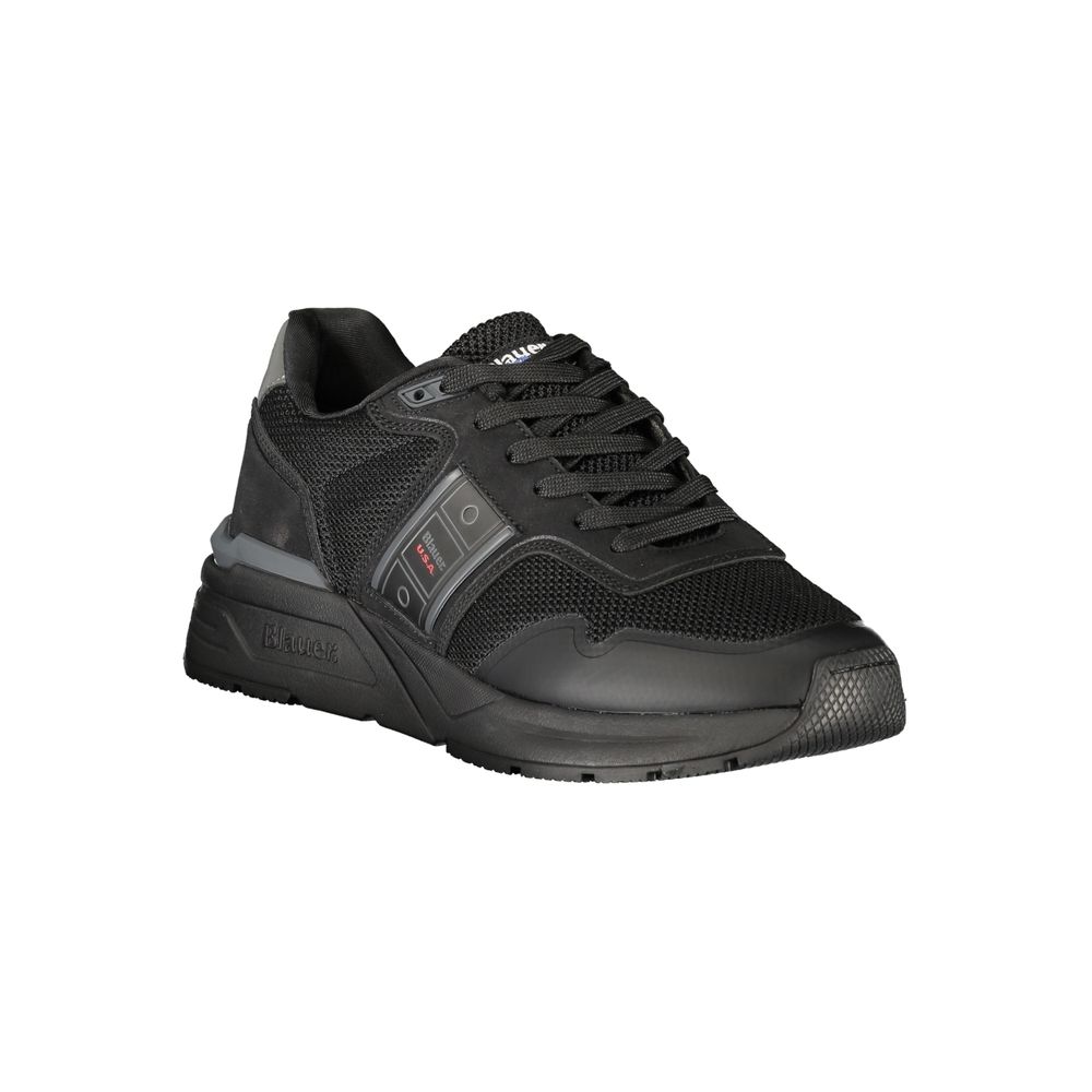 Black polyester men's sneaker with laces, side stripe, and logo on side