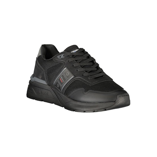Black polyester men's sneaker with laces, side stripe, and logo on side