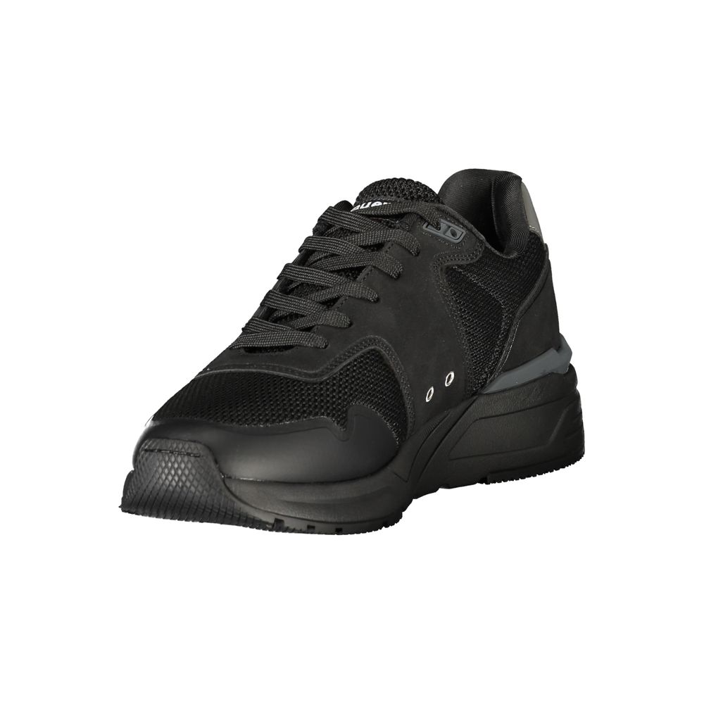 Black polyester men's sneaker with laces, rubber sole, and side stripe detail