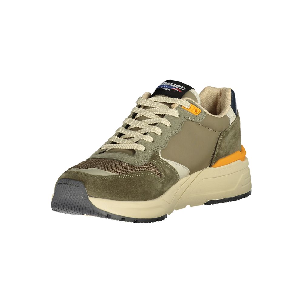 Brown men's sneaker with white sole, laces, and logo patch on side