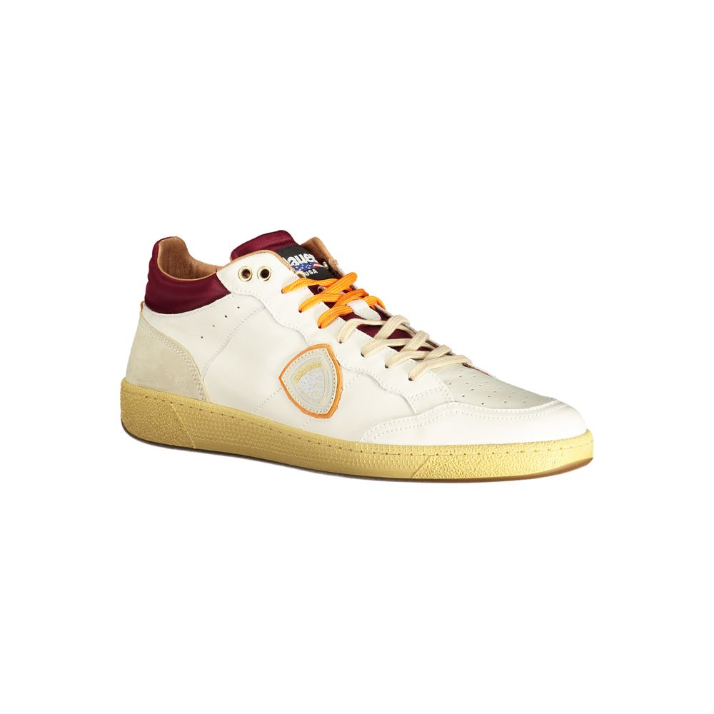 A white leather men's sneaker with a red stripe, gold laces and a logo on the side