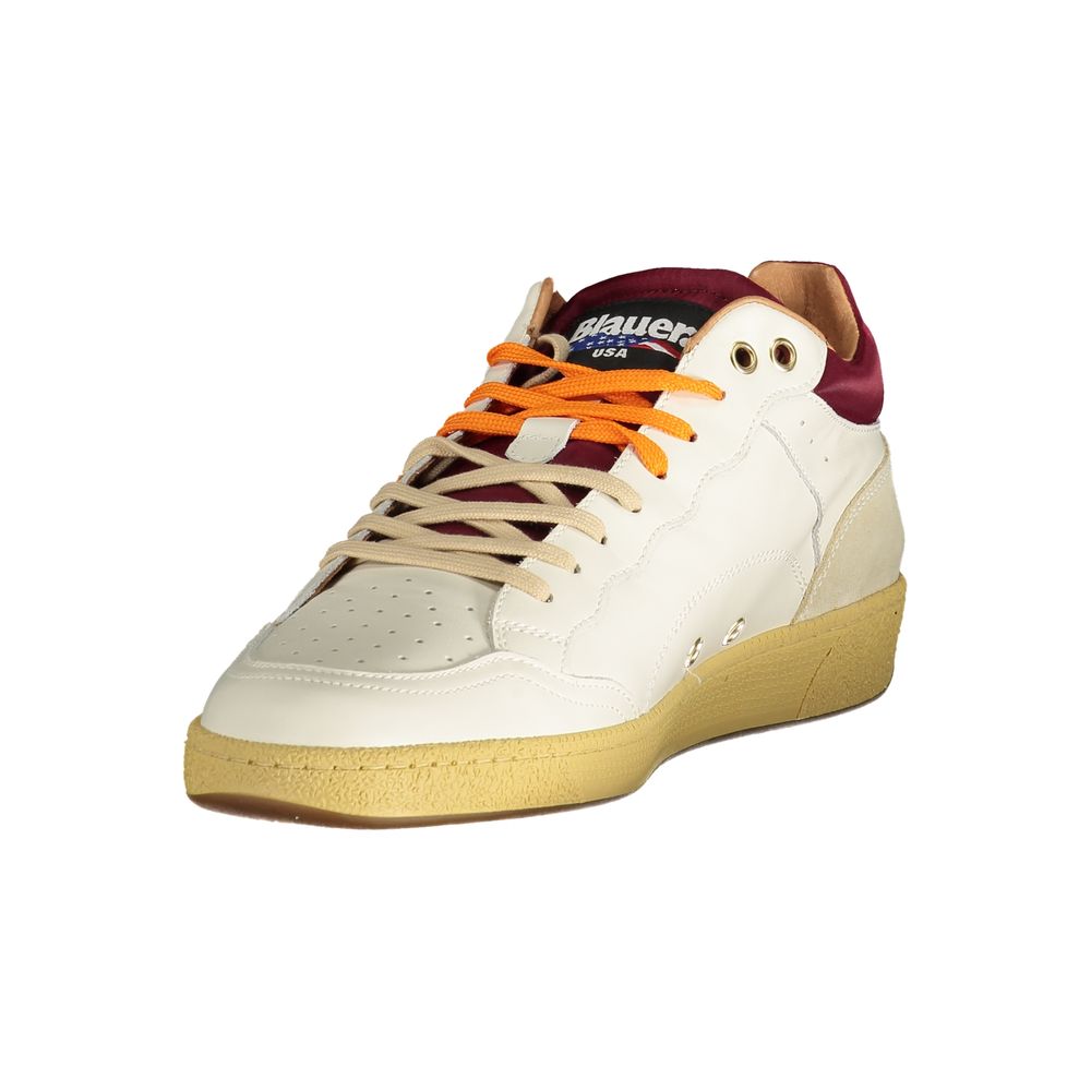 A white leather men's sneaker with orange laces, tan soles and a logo on the side
