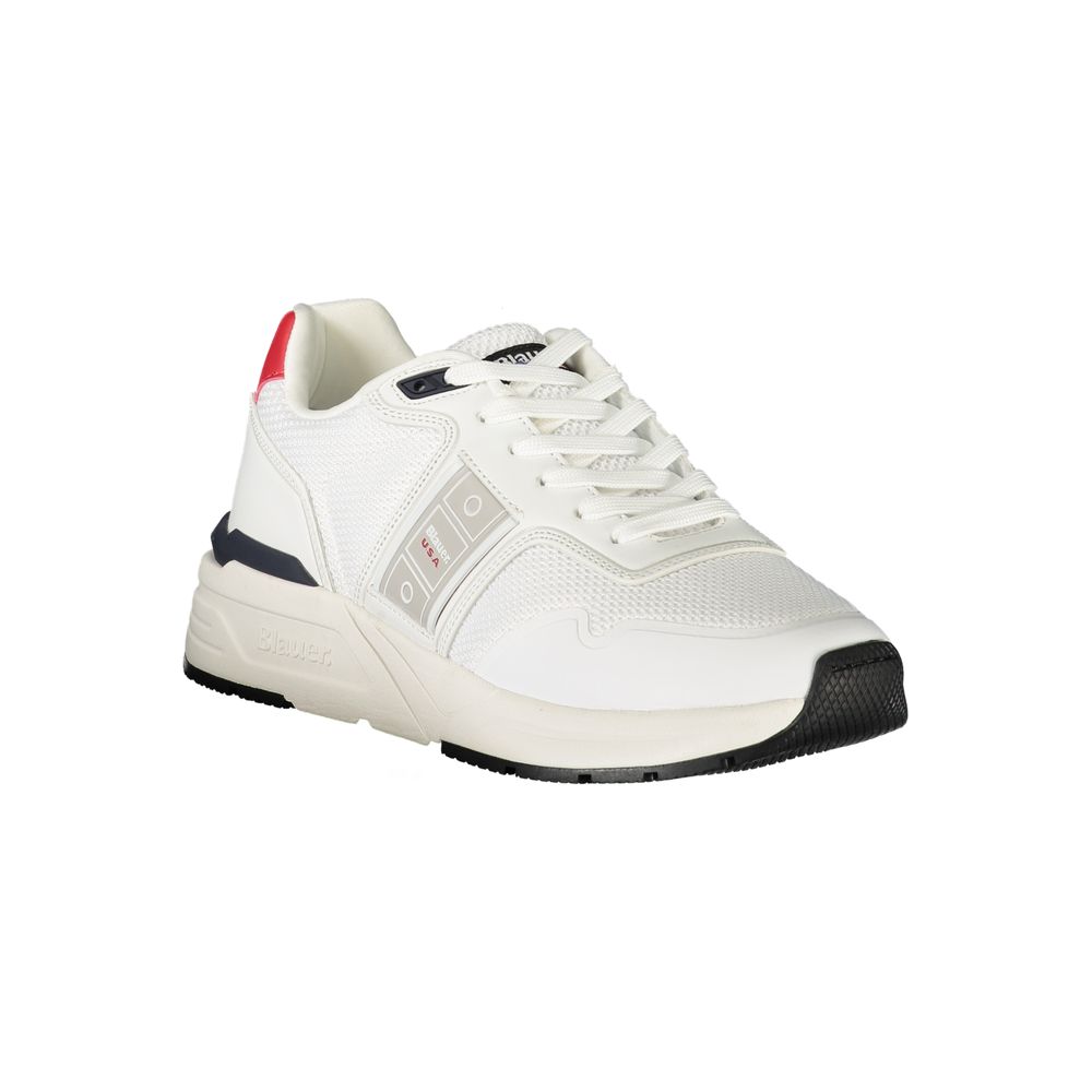 A white sneaker with a black sole, featuring a red logo on the side