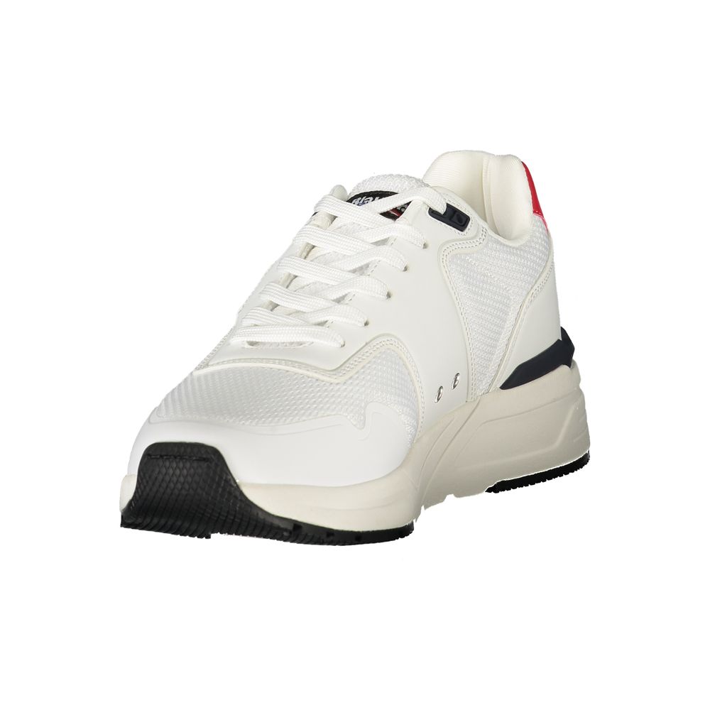 A white men's sneaker with black laces, a black sole, and a red logo on the side