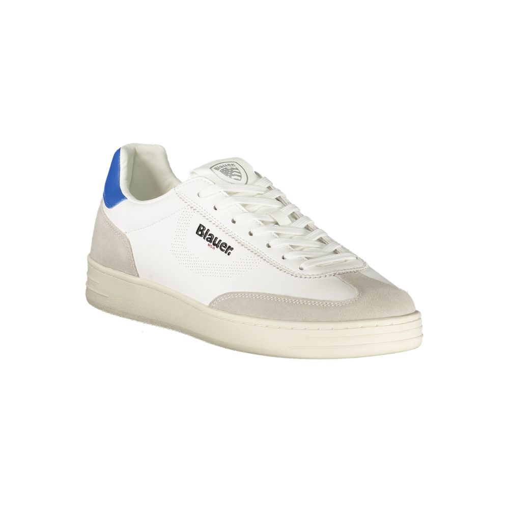A white sneaker with blue laces, featuring a black logo on the side and a textured sole