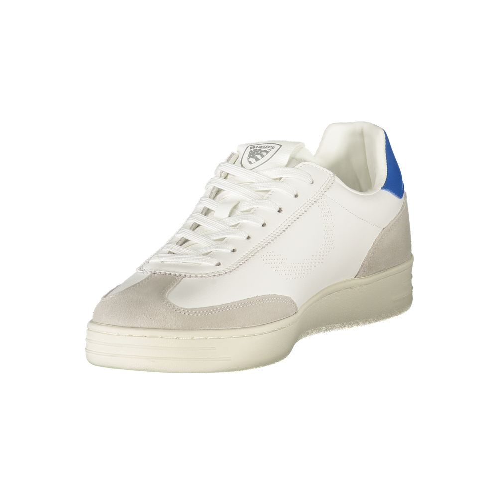 A white and blue men's sneaker with a polyurethane sole